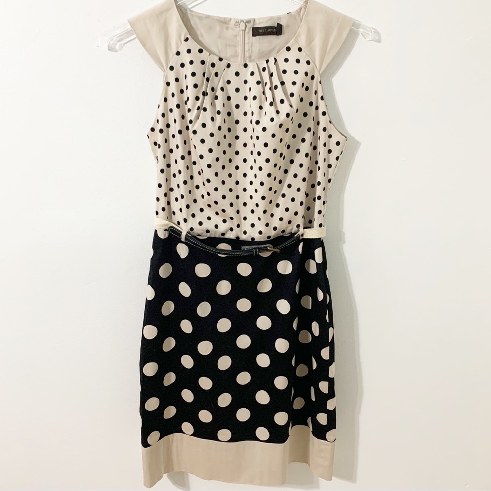 The Limited Polka Dot Cap Sleeve Belted Two Toned Cotton Blend Lined Dress ⬛️🏉